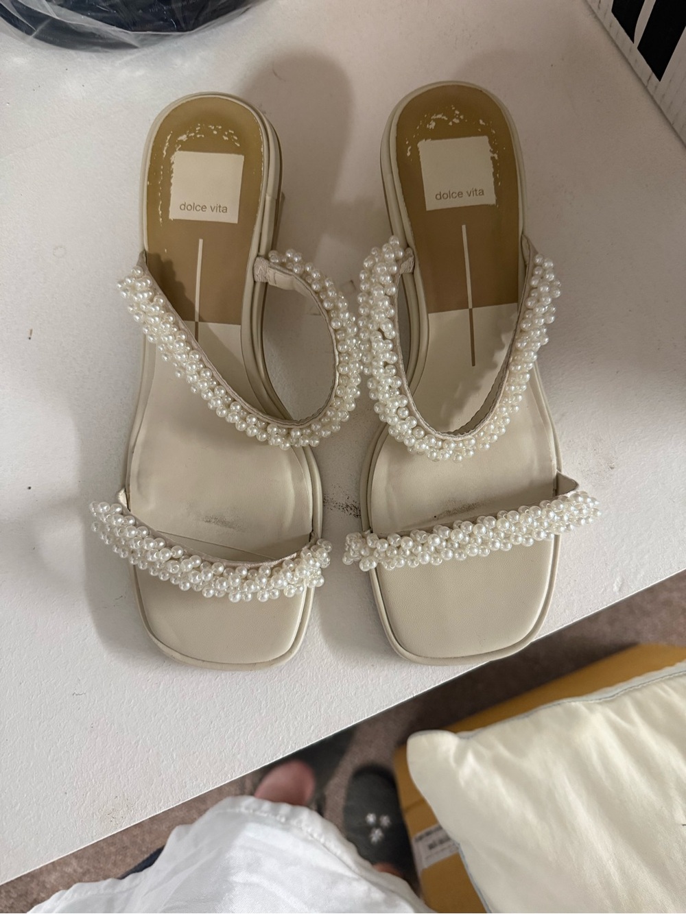 Dolce Vita Pearl-Strap Cream Slide Sandals